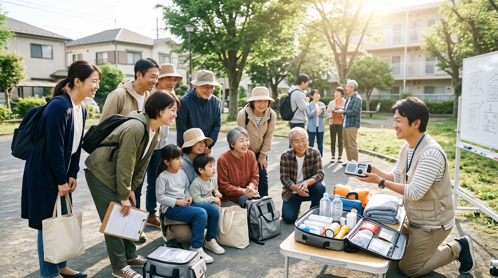 公園で、子どもから高齢者までの住民が防災用品の説明を聞いている様子